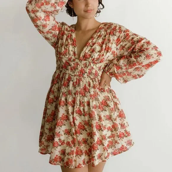 NEW Free People Women's Keep You Smocked Mini Dress Ivory Combo Small NWT - Picture 4 of 8